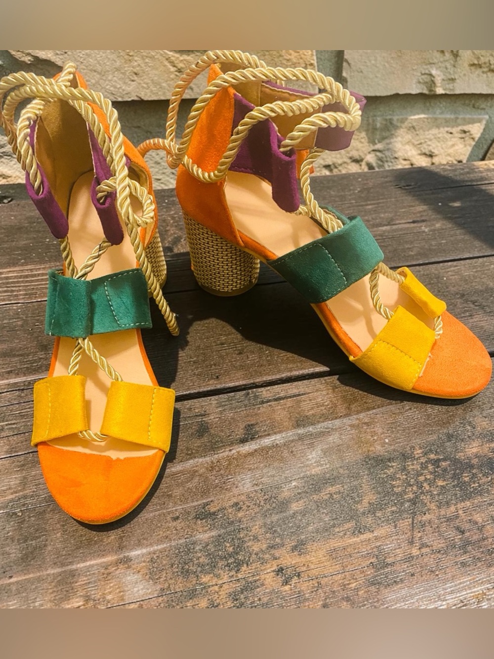 Women's Multicolor Suede Rope Lace Block Heel Sandals
